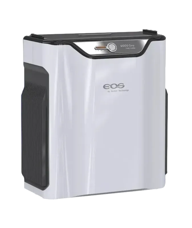 A white e09 air purifier is sitting on a white surface.