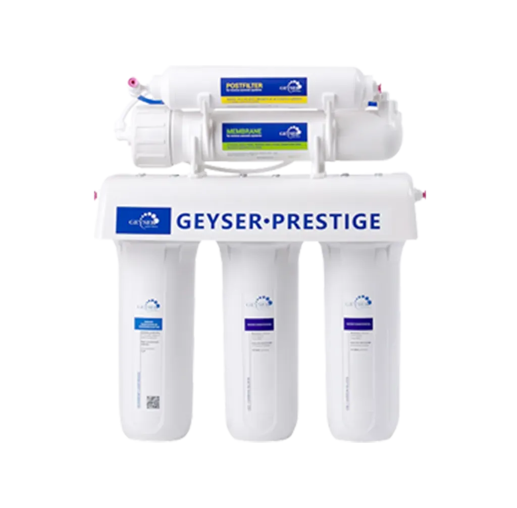 A geyser prestige water filter is shown on a white background