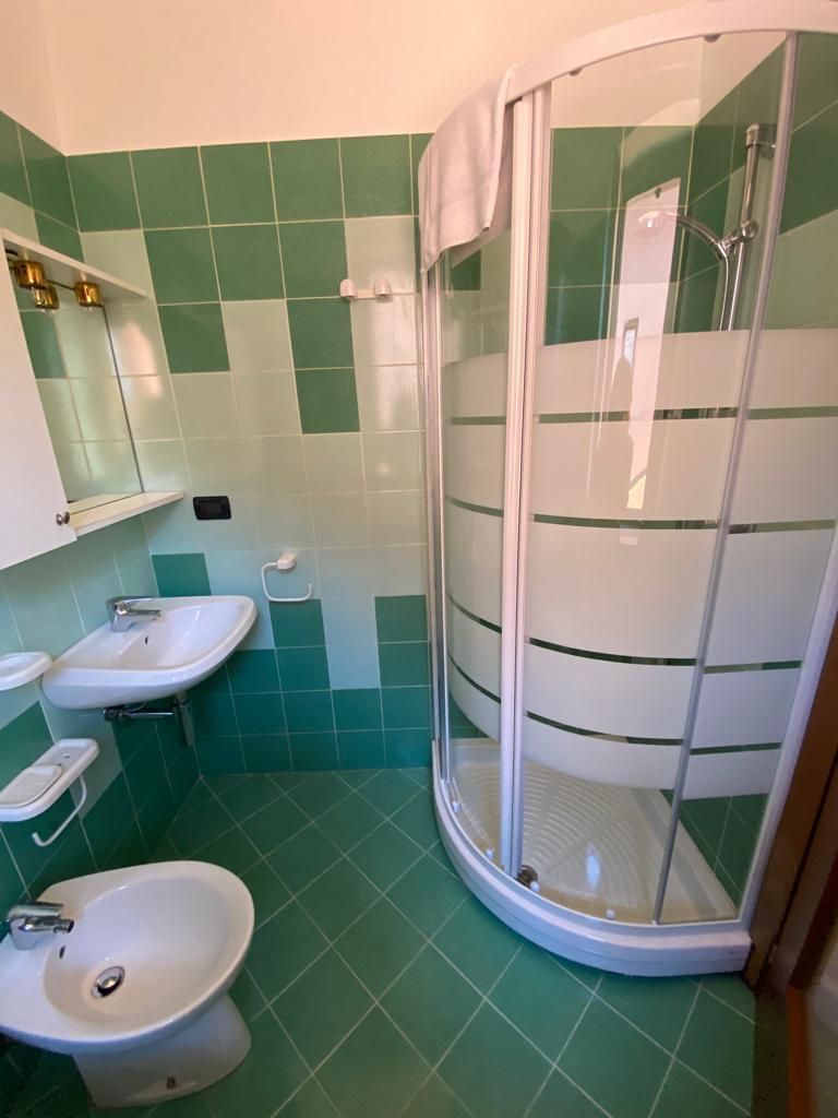 Bagno piastrellato di verde con doccia in vetro arrotondato, lavandino, bidet e piccola finestra sopra il lavandino.