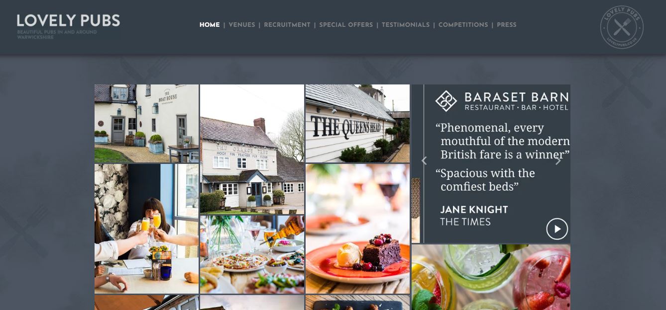 A website called lovely pubs has a collage of pictures of food and drinks.