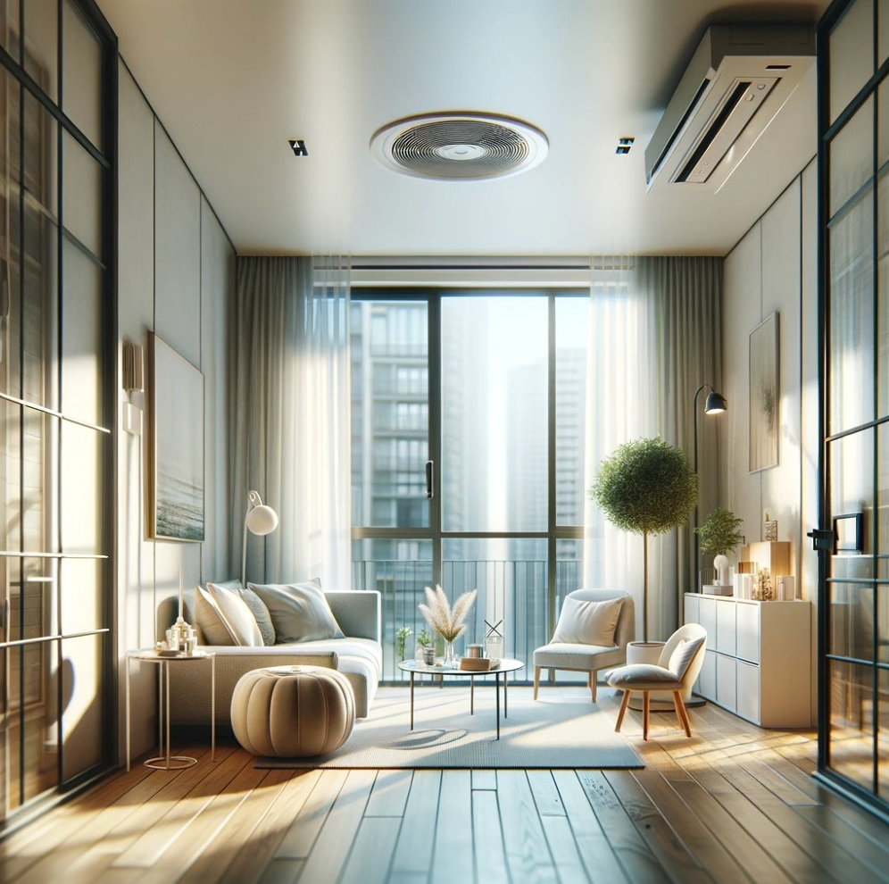 A living room with a couch and chairs and a large window