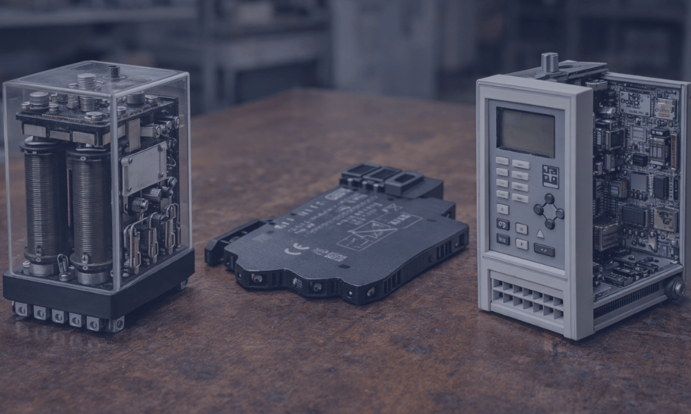 Side-by-side comparison of electromechanical relay, solid-state relay module, and microprocessor-bas