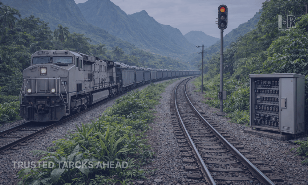 Freight train operating on single-track line in tropical mountainous Latin American region with trac