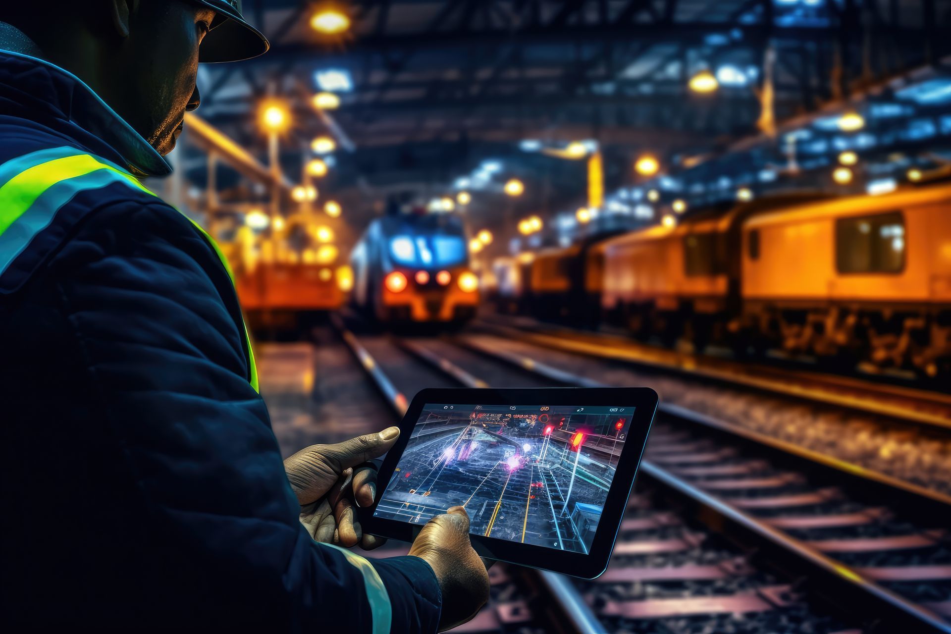 a man is looking at a tablet while standing on train tracks .