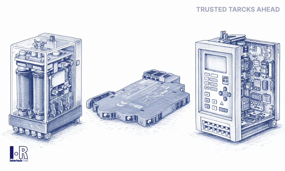 An electromechanical relay, a solid-state relay module, and a microprocessor-based relay system are displayed on a wooden table for technology comparison