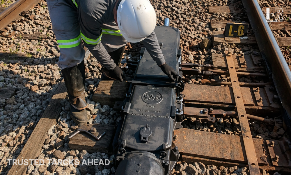 Workers inspect a switch machine on railroad tracks, surrounded by gravel and rails.