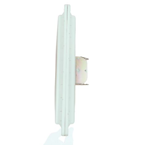 Side view of a white, rectangular light fixture with a metal bracket.