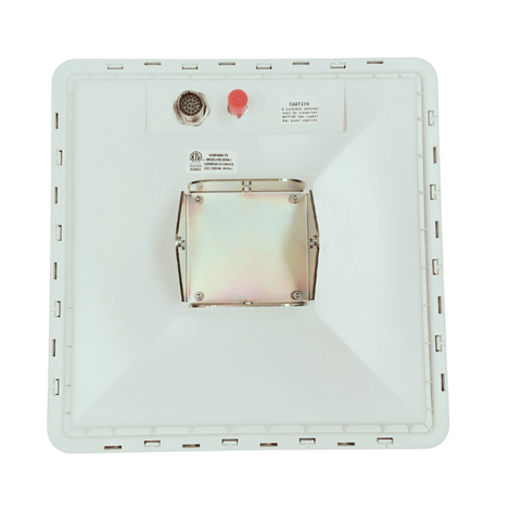 White square Wi-Fi antenna back. Silver metal mount, antenna connector, and red button are visible.