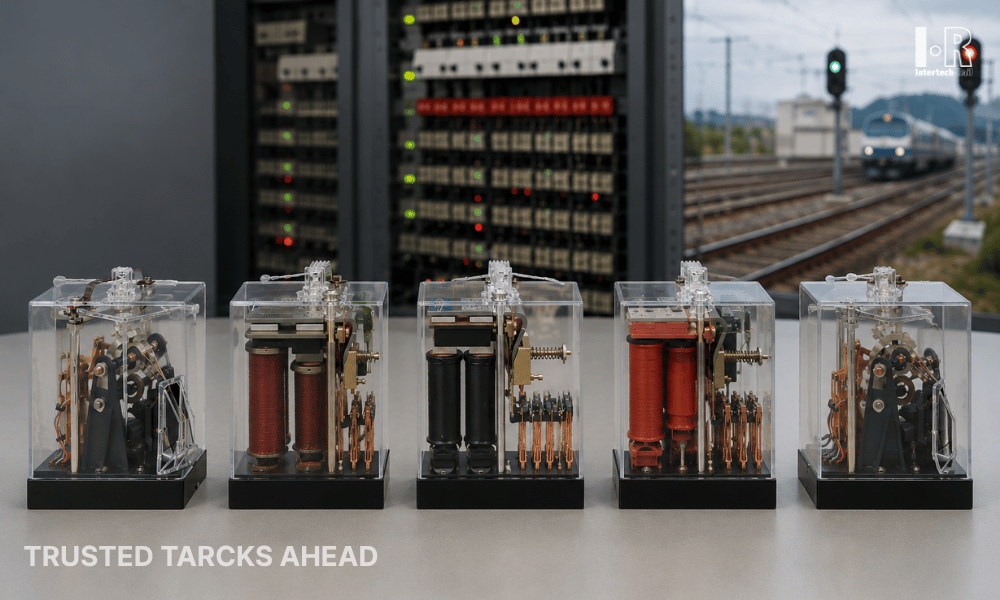 Fail-safe relay used in railway signaling system for safety-critical switching applications.