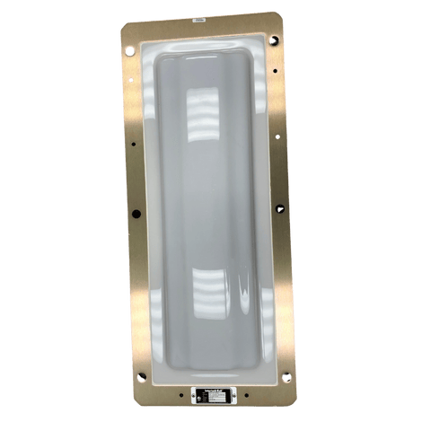 A rectangular piece of metal with holes in it on a white background
