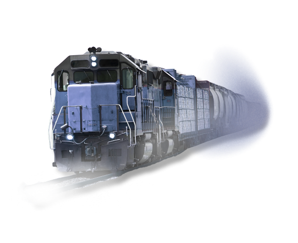 A blue train is going down the tracks on a white background