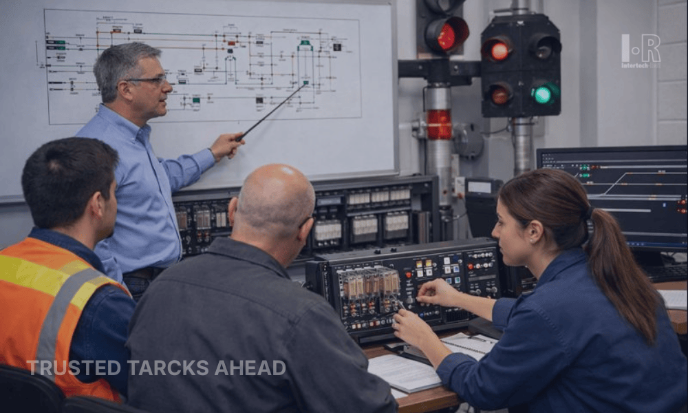Railway signaling professionals engaged in hands-on training focused on fail-safe relay systems and 