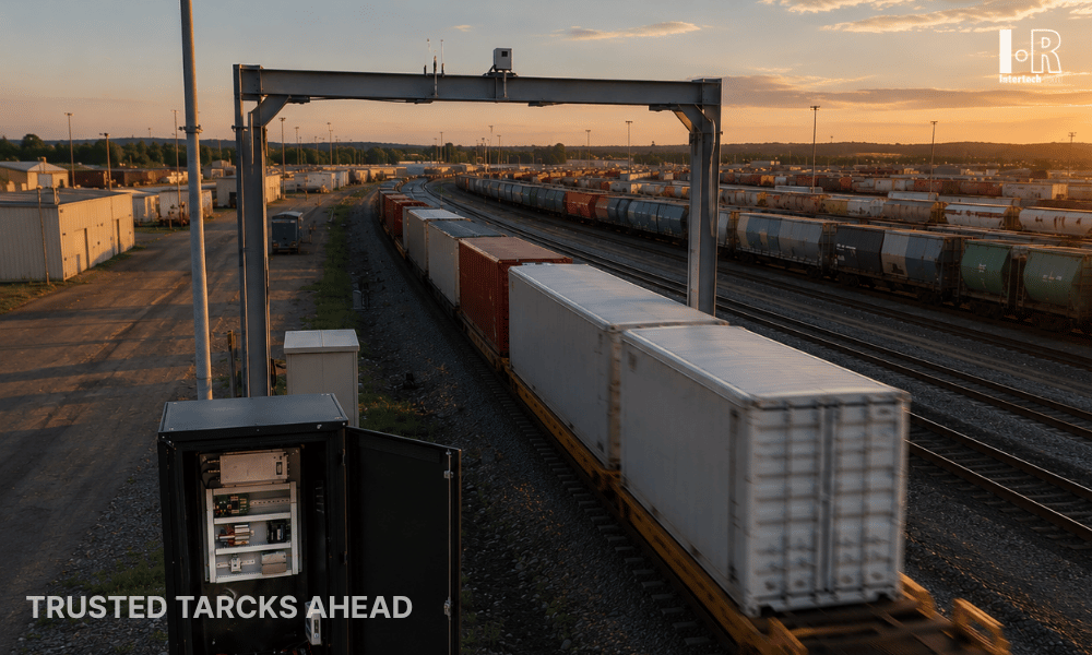 Rail yard with rows of freight cars at sunset, viewed from an elevated trackside bridge.