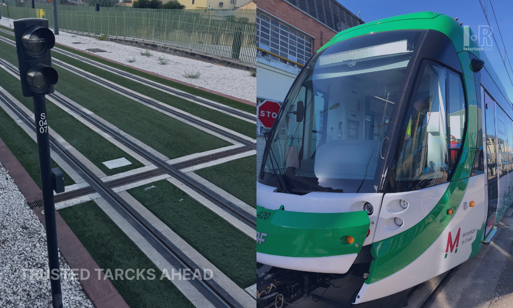 A railway balise is installed between the rails.