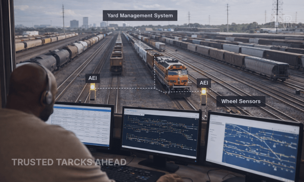 An operator using the railway signaling system interface in a control room environment