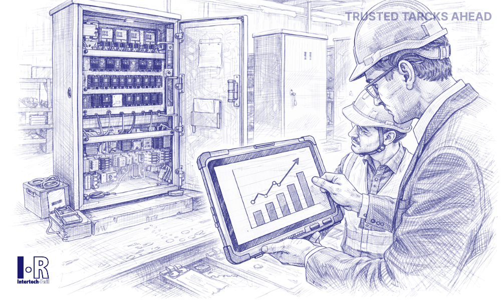 Railway engineers reviewing ROI analysis on a tablet next to an open fail-safe relay cabinet