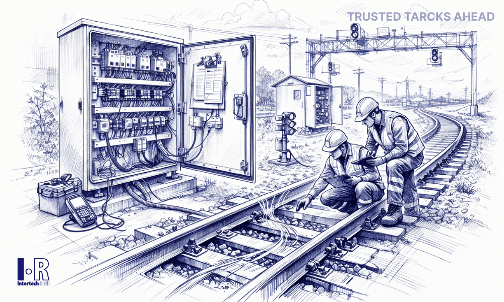 Railway technicians inspecting an open signal relay cabinet during a freight derailment investigation on the mainline track