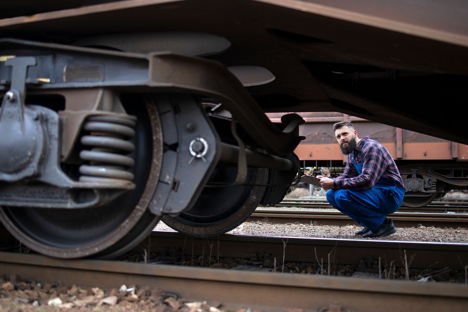 man crouching on side of train configuring train positioning system device using RFID System