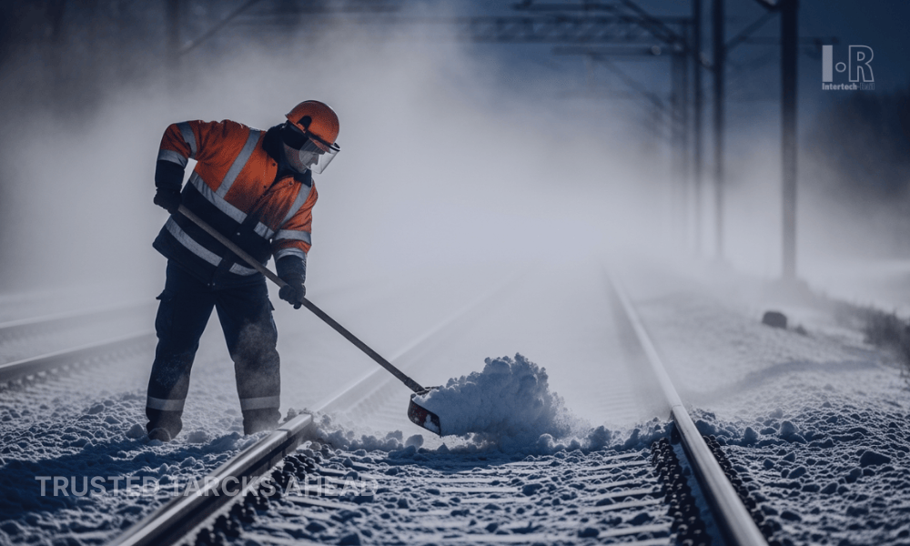 Railway signaling equipment operating in snowy winter conditions with ice affecting trackside system