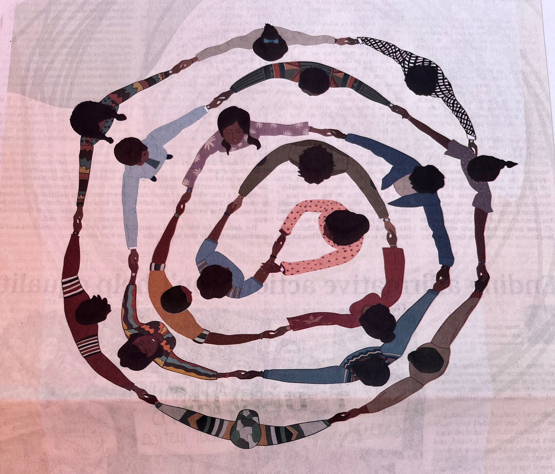 Newspaper image of people of color holding hands in a circle