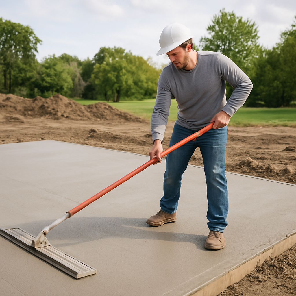 Man in hard hat using a screed to level wet concrete. Outdoors on a construction site.