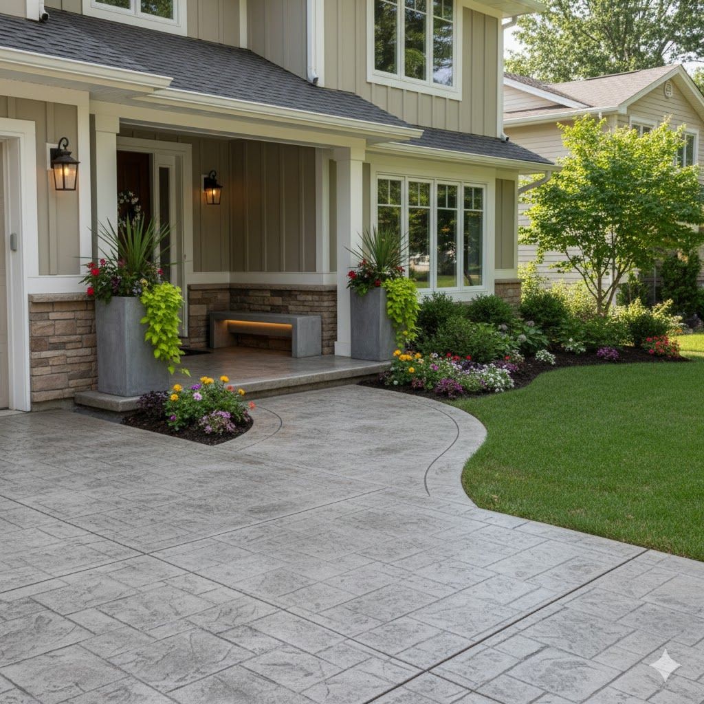 House exterior with concrete driveway and landscaped front yard.