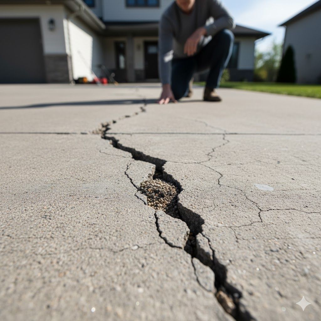 Cracked concrete driveway with a person examining the damage in front of a house.