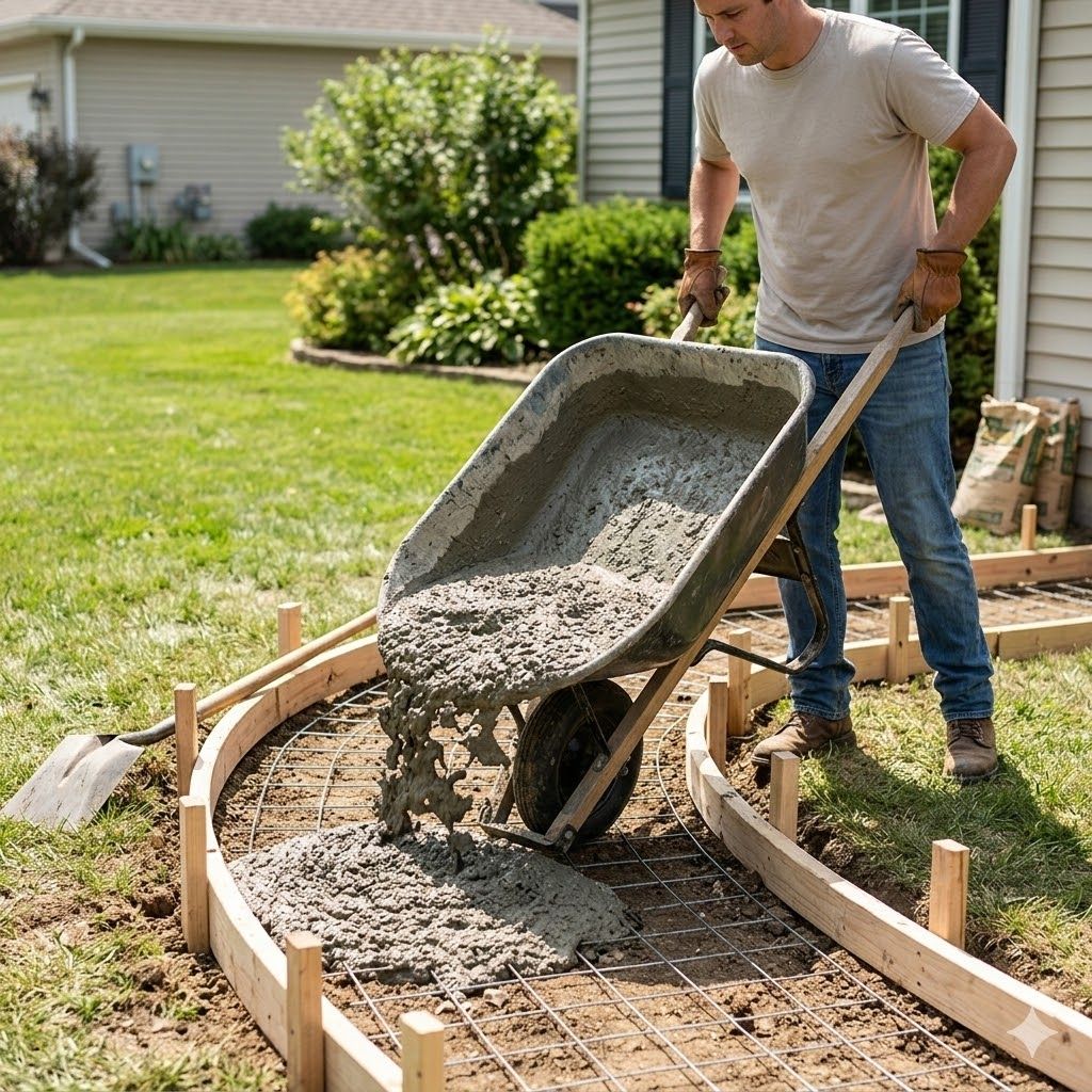 A person uses a wheelbarrow to pour wet concrete into a wooden form frame for a garden path.