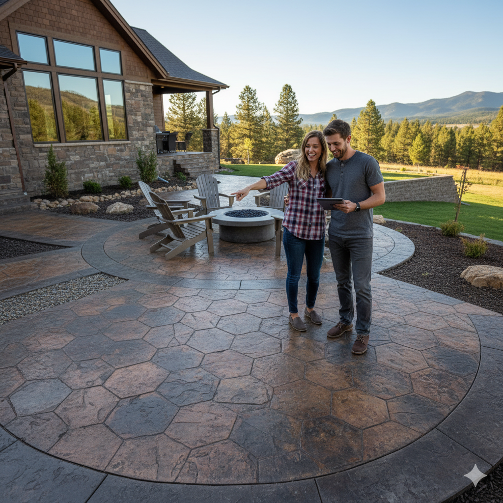 Couple on patio, woman pointing at fire pit, smiling. Stone patio with mountains and house in background.