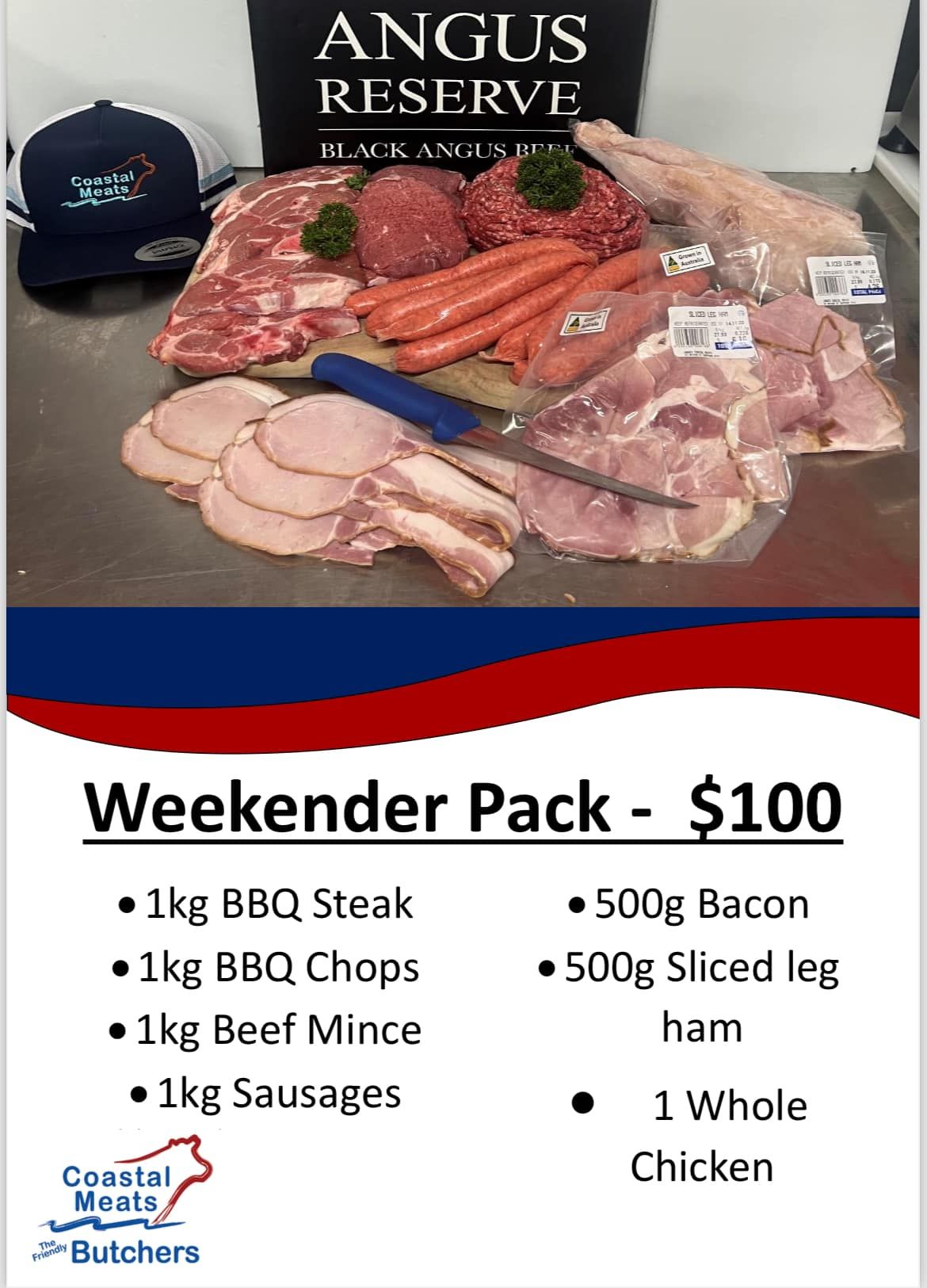 Weekender Pack of Meat for $100, With Various Cuts Displayed — Coastal Meats in Yeppoon, QLD