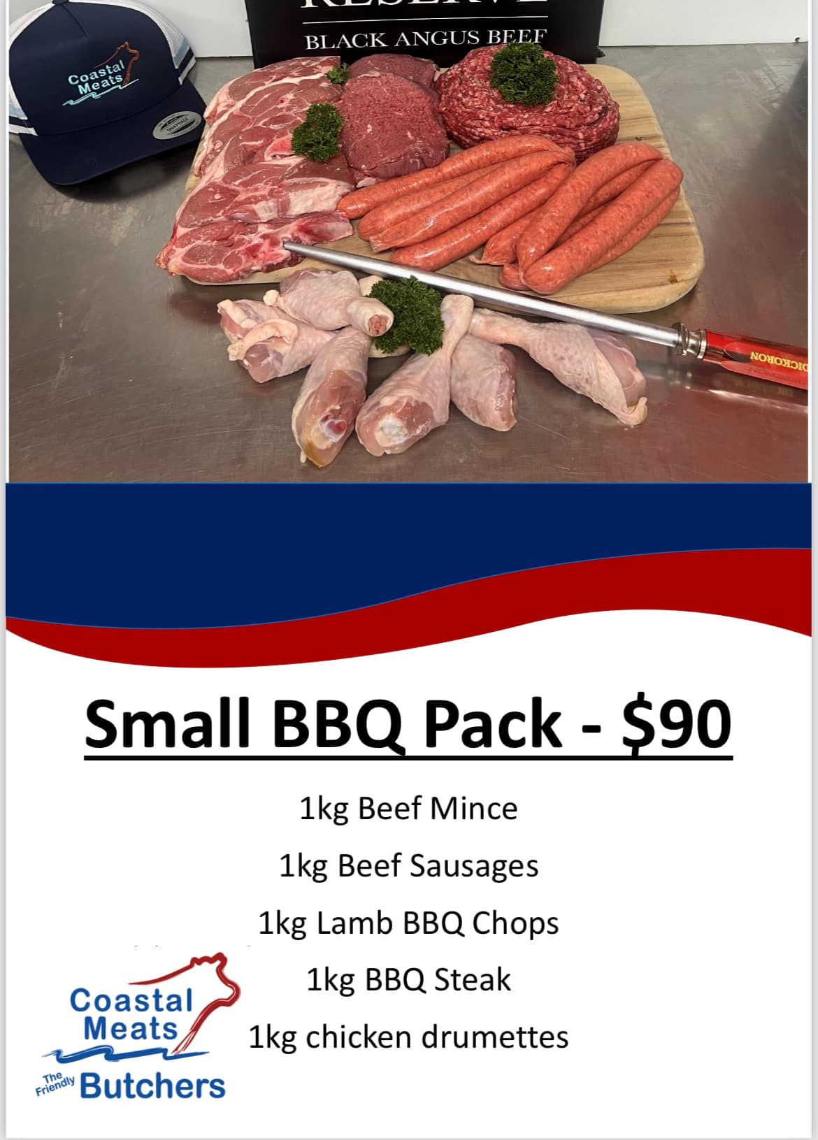 Small BBQ Meat Pack With Steak, Sausages, Chops, and Chicken Drumettes, Priced at $90 — Coastal Meats in Yeppoon, QLD