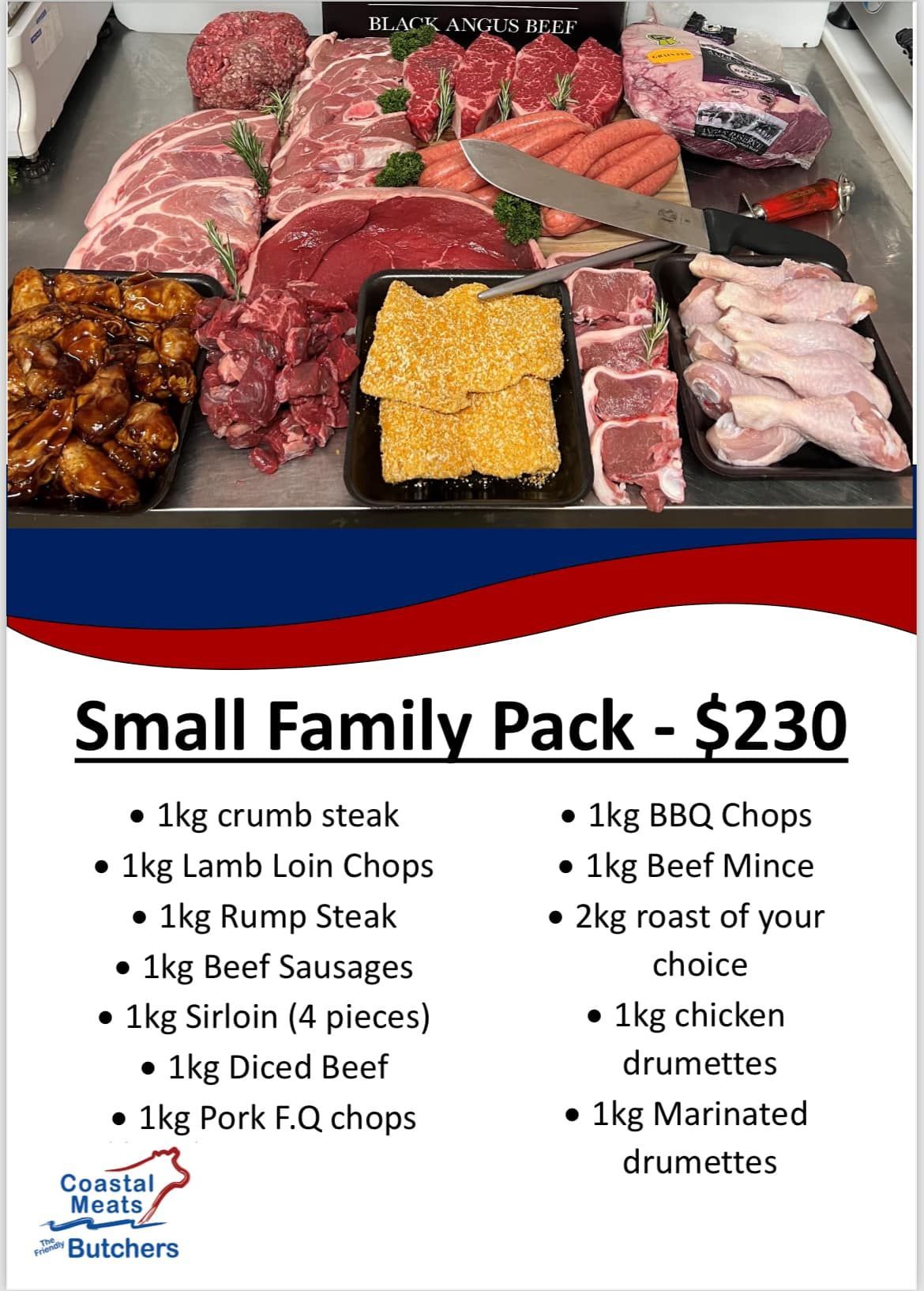 Meat Package With Various Cuts, Including Steaks, Chops, and Sausages, Priced at $230 — Coastal Meats in Yeppoon, QLD