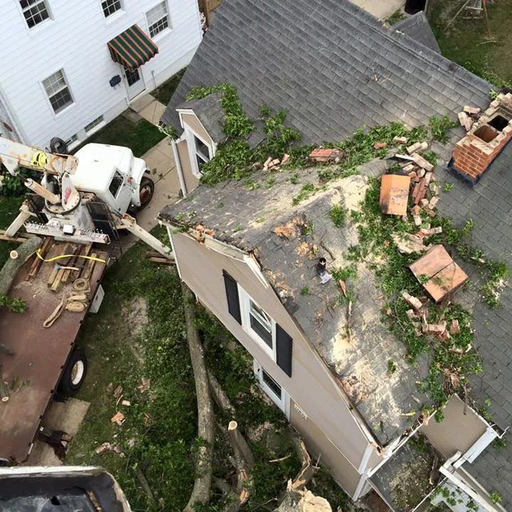 An aerial view of a house that has been damaged by a tree