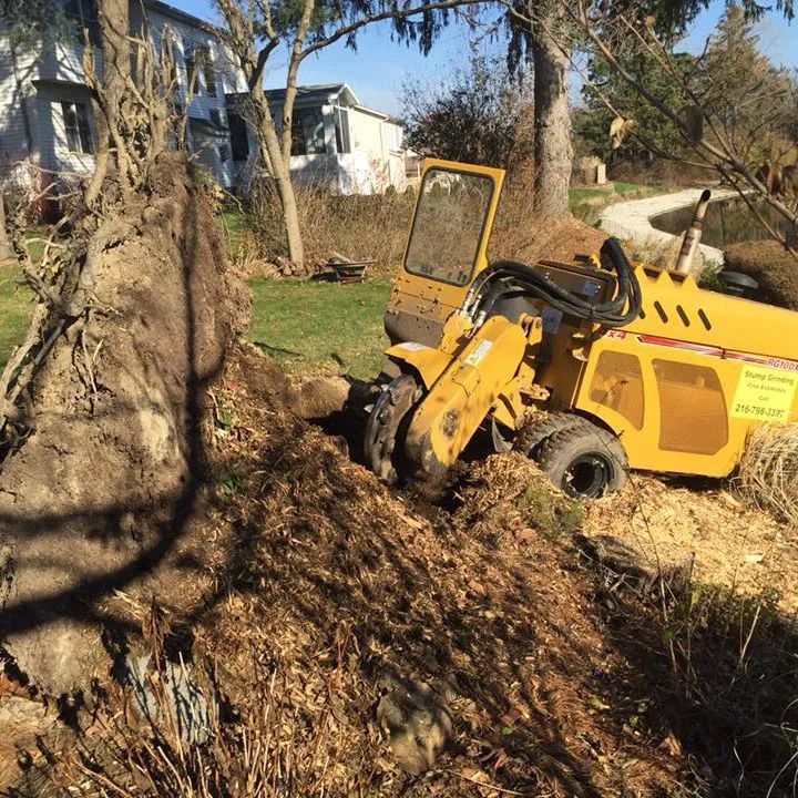 A large tree stump is being removed by a yellow tractor.