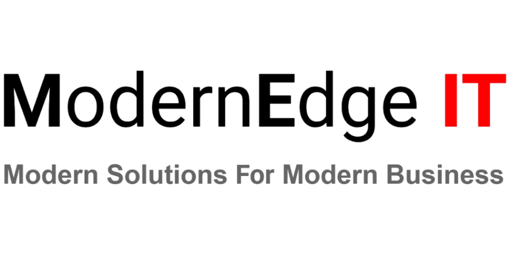 Logo for ModernEdge IT, featuring the company name in black and red text, with the slogan below in gray.