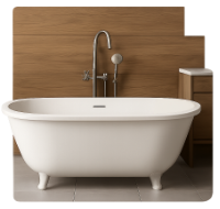 A white bathtub is sitting in a bathroom next to a wooden wall.