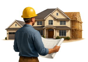 A man wearing a hard hat is holding a blueprint in front of a house under construction.