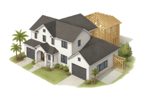 An aerial view of a house with an addition under construction