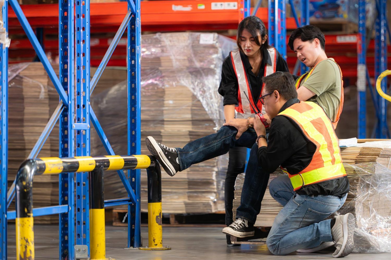 Warehouse workers assist a person who injured their leg, near a barrier.