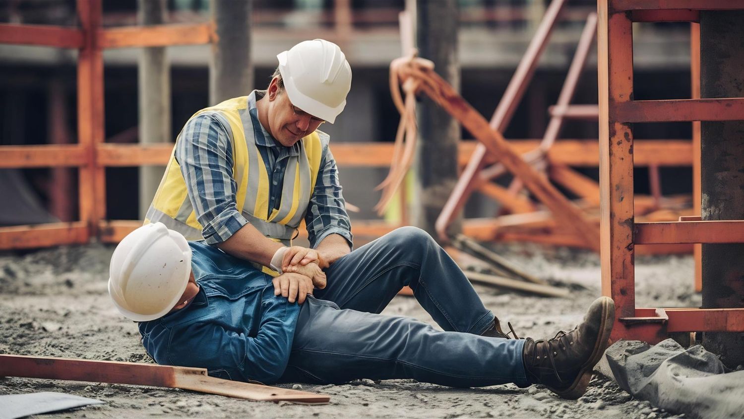 Construction worker tending to injured colleague at a construction site; both wearing hard hats and safety vests.