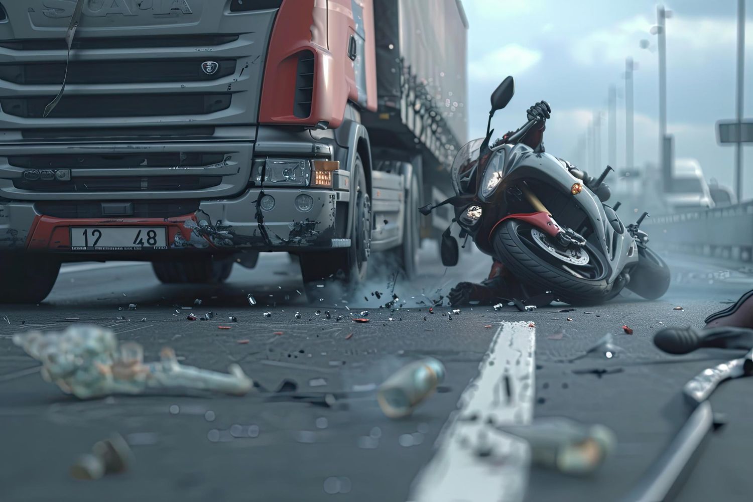Motorcycle crashed near a truck on a highway. Debris and smoke surround the vehicles.