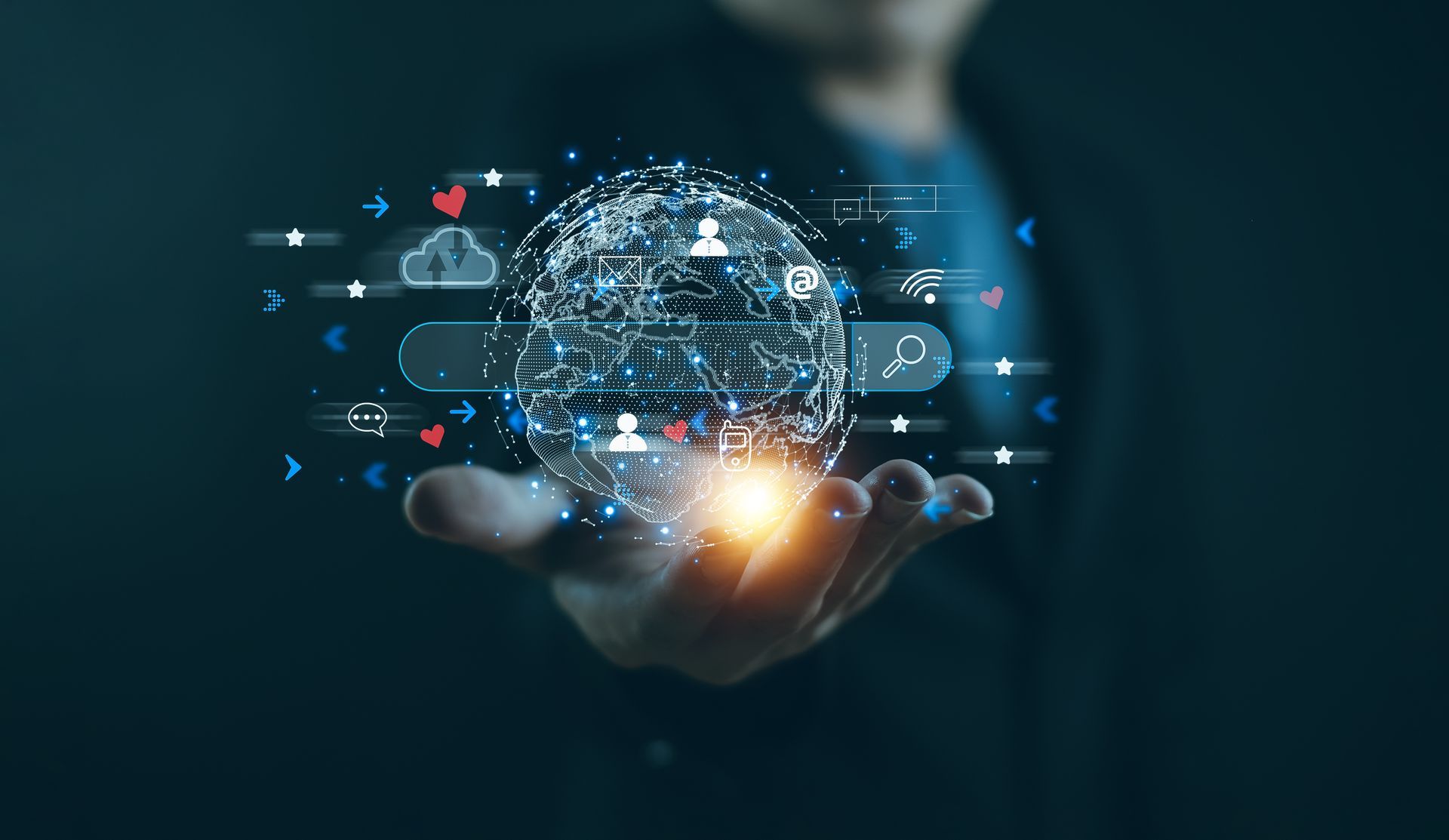 A person's hand holds a digital globe, with floating icons representing the internet, data and search.