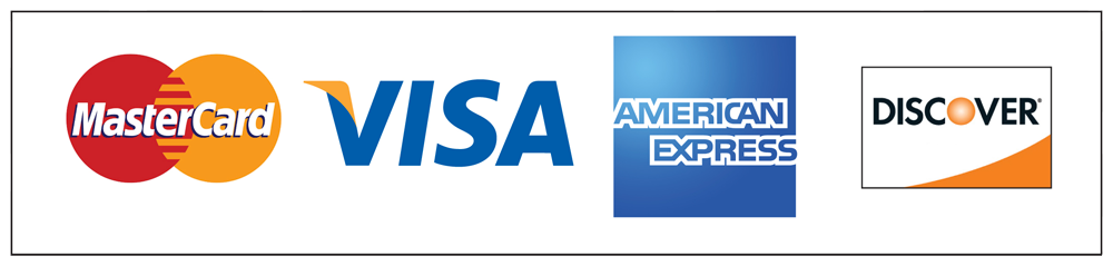 Logos for Mastercard, Visa, American Express, and Discover credit cards.