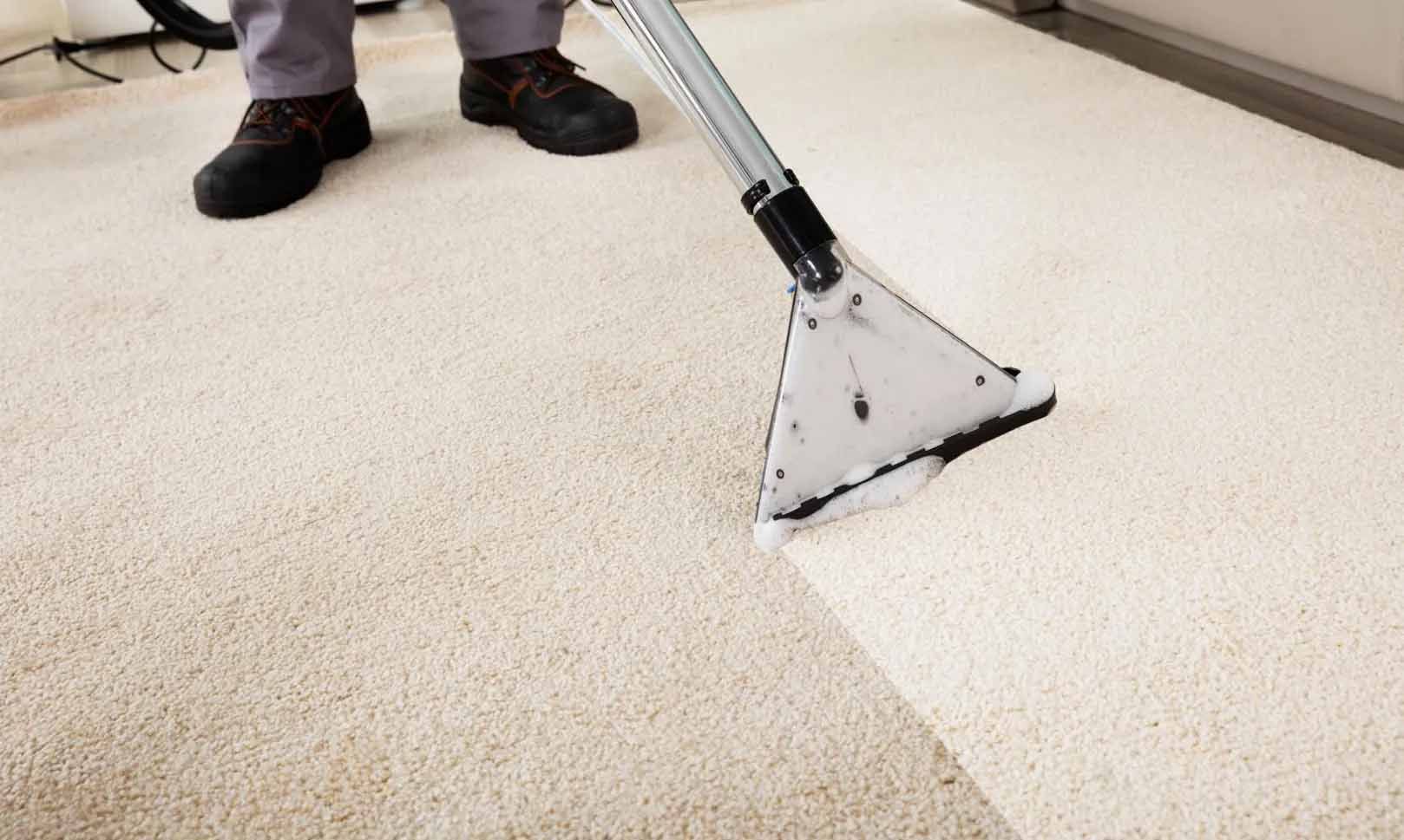 Une personne nettoie un tapis avec un aspirateur.