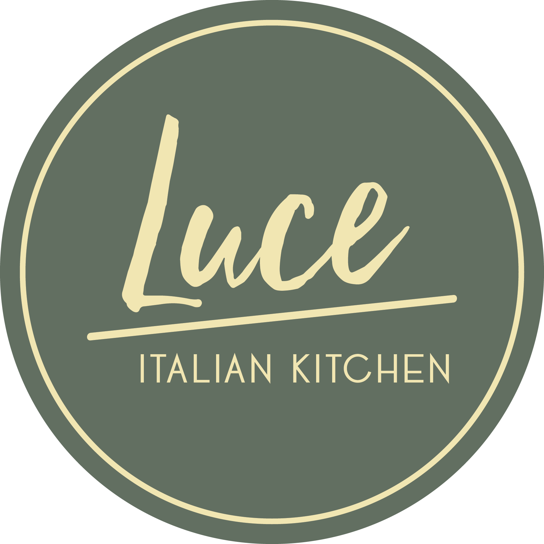 Circular olive-green logo reading “Luce” in cream script and “Italian Kitchen” below.