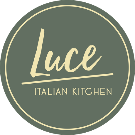 Circular olive-green logo reading “Luce” in cream script and “Italian Kitchen” below.