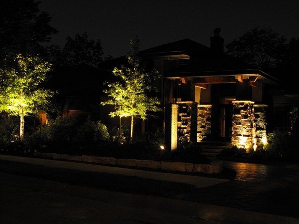 A house is lit up at night with trees in front of it