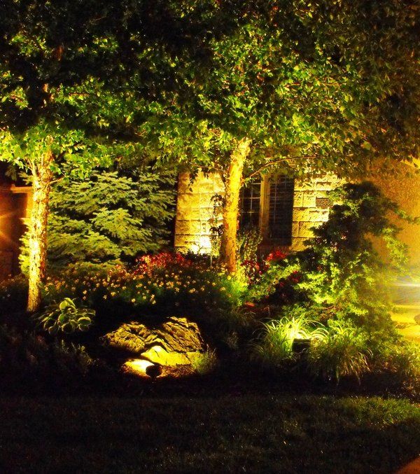 A house that is lit up at night with trees in the foreground