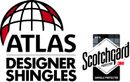 Atlas Designer Shingles logo with a stylized globe icon and 3M Scotchgard protection emblem.