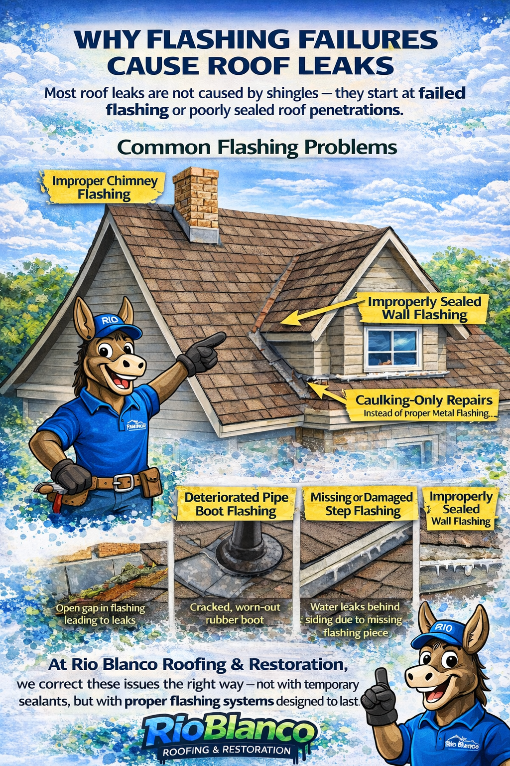 Infographic from Rio Blanco Roofing showing a cartoon donkey pointing to common roof flashing problems causing leaks.